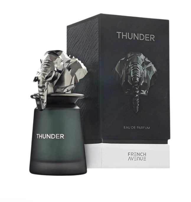 Thunder eau de parfum bottle with box, metallic lion head and 'FRENCH AVENUE' text