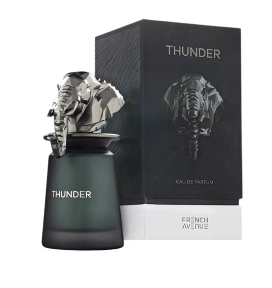 Thunder eau de parfum bottle with box, metallic lion head and 'FRENCH AVENUE' text