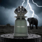 Thunder eau de parfum bottle with metallic lion head cap, frosted green glass