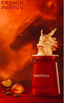 Red eau de parfum bottle with gold decorative top and FIRESTORM label