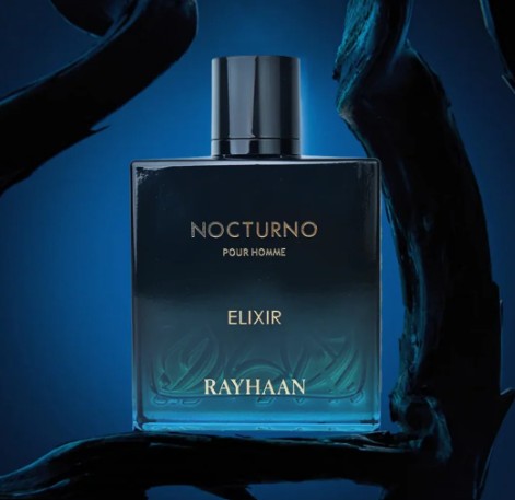Nocturno Elixir extrait de parfum bottle with silver cap and blue-tinted glass