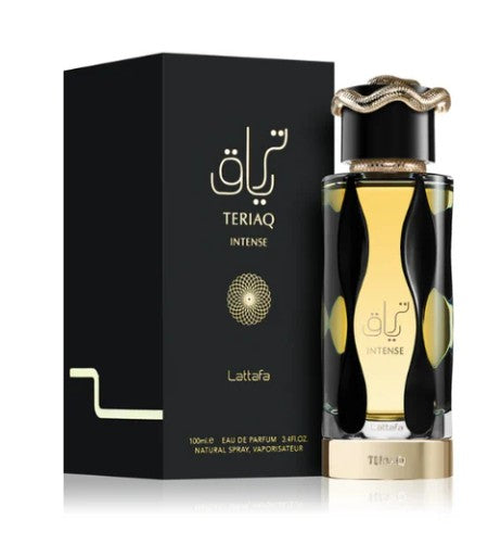 Teriaq Intense eau de parfum set with black box and matching glass bottle