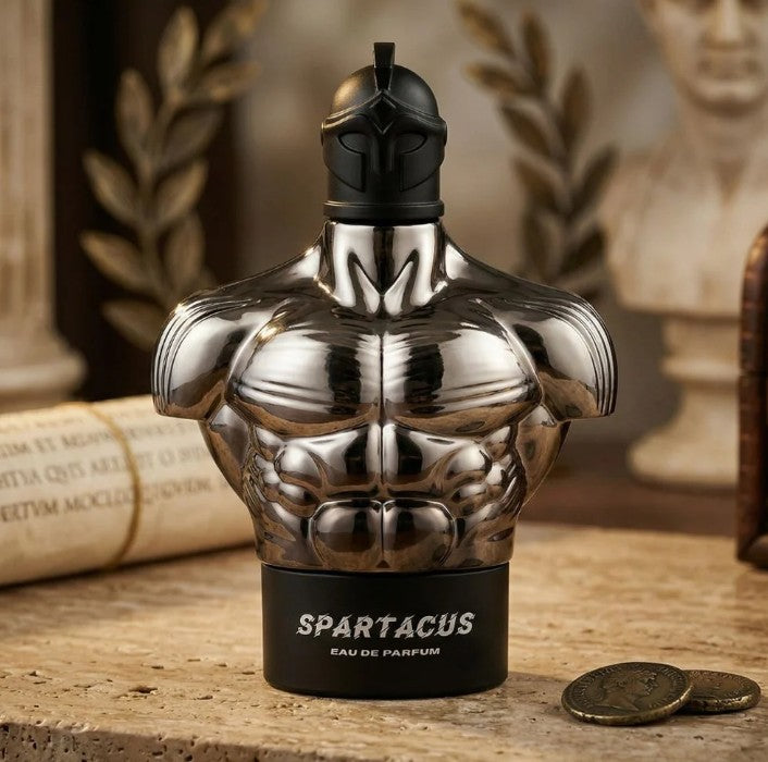 Armaf eau de parfum bottle with chrome torso design and black Spartan-style cap