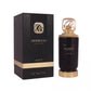 Black perfume box and bottle set with gold logo on box and gold cap on bottle