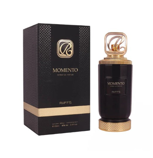 Black perfume box and bottle set with gold logo on box and gold cap on bottle