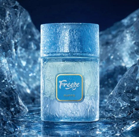 Blue frosted parfum extract bottle, cylindrical with Freeze logo label