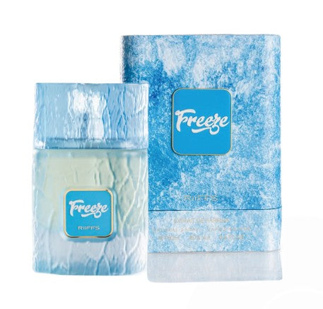Two blue frosted parfum extract bottles with square Freeze logo labels