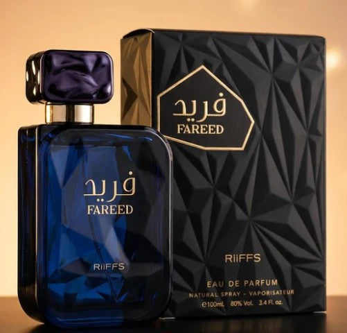 Riiffs Fareed Eau de Parfum bottle with gift box, 100ml, dark blue glass