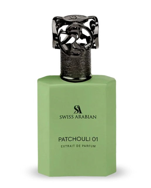 Swiss Arabian Patchouli 01 Extrait de Parfum in a light green bottle with a dark, ornate cap