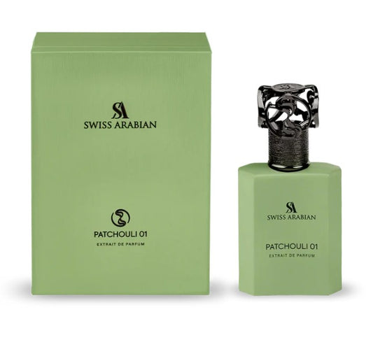 Swiss Arabian Patchouli 01 extrait de parfum bottle and matching green box