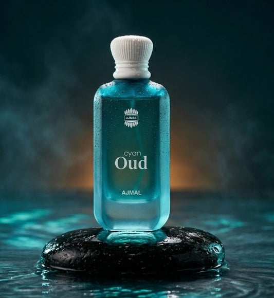 Ajmal Cyan Oud Eau de Parfum 100 ml bottle, teal glass with white cap