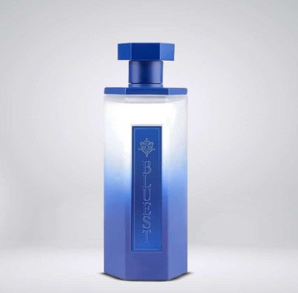 Eau de parfum bottle with blue cap and blue front label