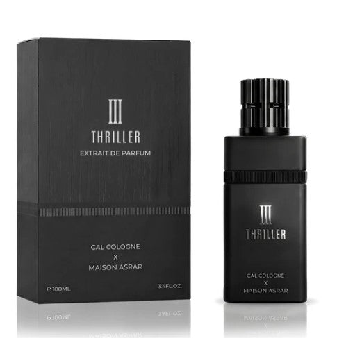 Perfume bottle with matching box, black design with 'III THRILLER' and Extrait de Parfum