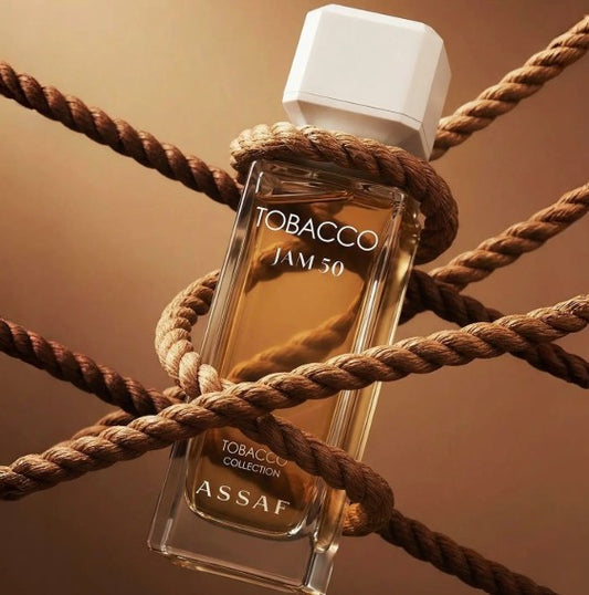Assaf Tobacco Jam 50 EDP 100ml bottle close-up with rope strap