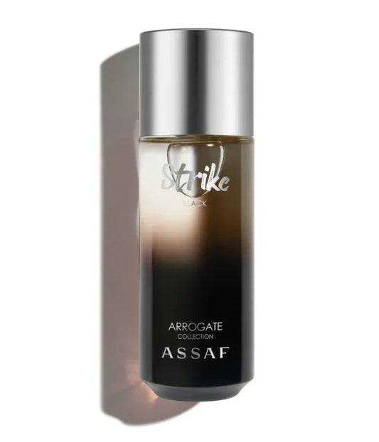 Black EDP perfume spray bottle with silver cap and 'Strike' label