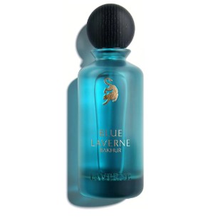 Turquoise eau de parfum bottle with black cap and gold emblem, front label visible