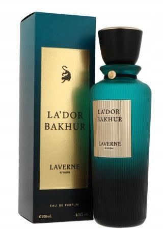 Laverne L'Adore Bakhur eau de parfum bottle, teal glass with black cap and box, 200ml