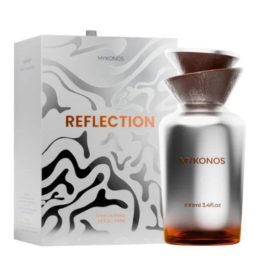 Perfume extrait 100ml box and bottle with Reflection label, metallic bottle with amber liquid