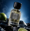 Glass Extrait de Parfum 50 ml bottle with dark cap, CONQUER MYKONOS label