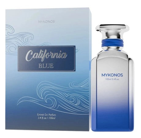 Mykonos California Blue extrait de parfum bottle with matching product box