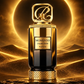 Gold perfume bottle with arched emblem cap and “Liquid Gold” label