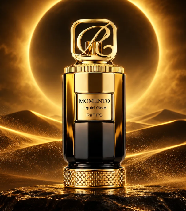 Gold perfume bottle with arched emblem cap and “Liquid Gold” label