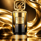 Gold and dark perfume extrait de parfum bottle with ornate cap and label