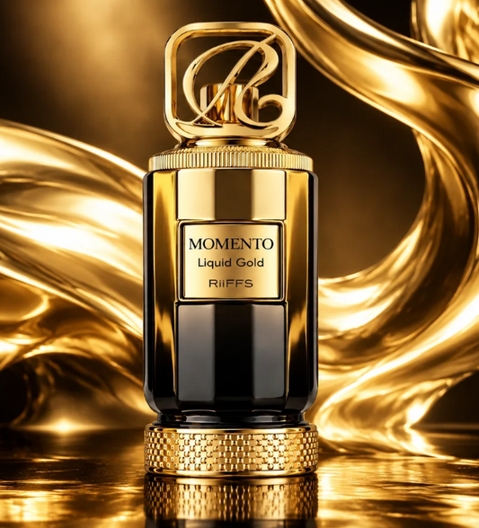 Gold and dark perfume extrait de parfum bottle with ornate cap and label