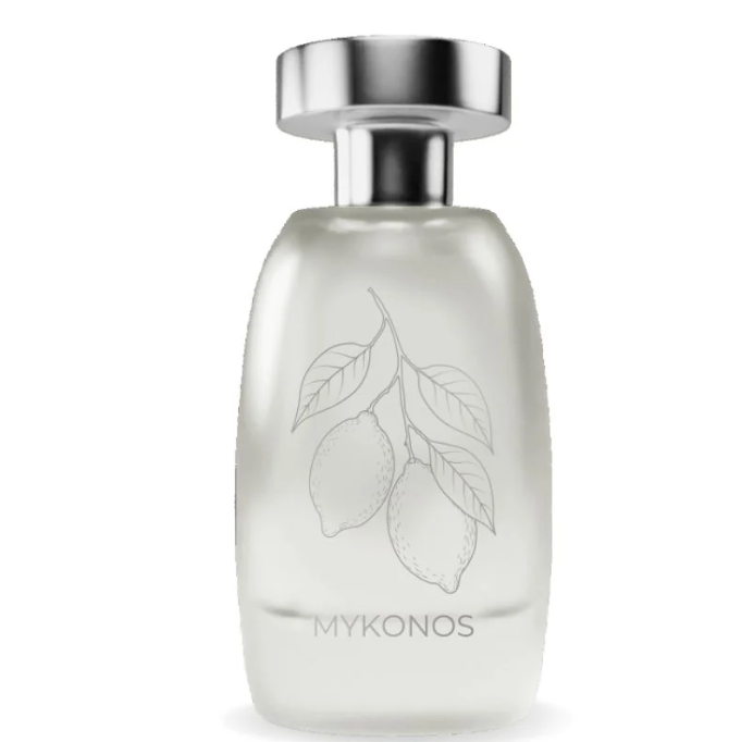 Mykonos extrait de parfum bottle close-up in pale cream with leaf print and silver cap
