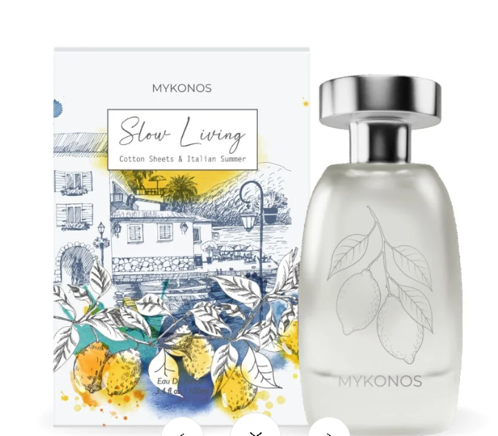 Mykonos Slow Living extrait de parfum set: bottle and box with coastal citrus artwork