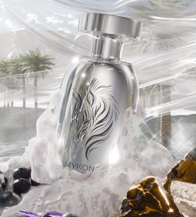 Translucent silver extrait de parfum bottle with metallic cap and black emblem