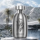 Silver extrait de parfum bottle with metallic cap, centered black emblem and logo