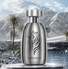 Silver extrait de parfum bottle with metallic cap, centered black emblem and logo