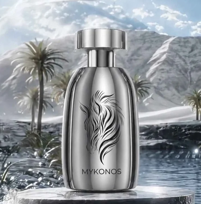 Silver extrait de parfum bottle with metallic cap, centered black emblem and logo