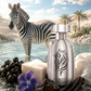 Silver extrait de parfum bottle with metallic cap, black emblem on front