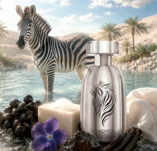 Silver extrait de parfum bottle with metallic cap, black emblem on front