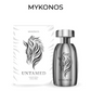 Silver extrait de parfum bottle with metallic cap and black flame-zebra logo