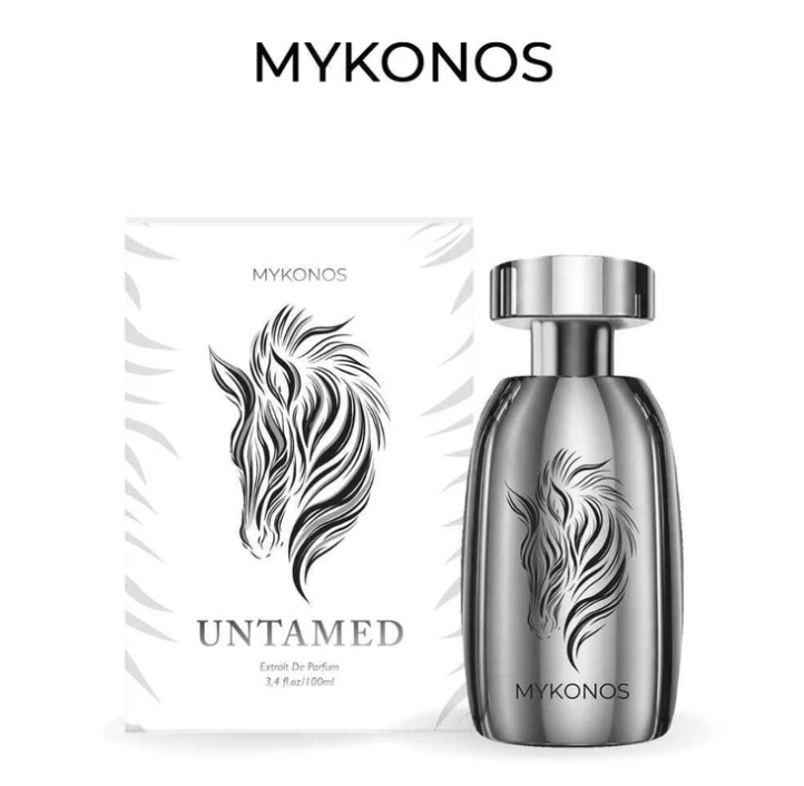 Silver extrait de parfum bottle with metallic cap and black flame-zebra logo