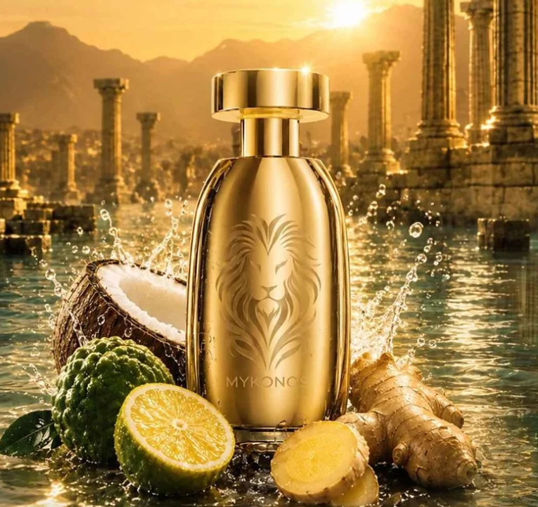 Gold perfume bottle with lion emblem with ginger and citrus around it