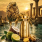 Gold perfume bottle with lion emblem beside lion sculpture and water splash