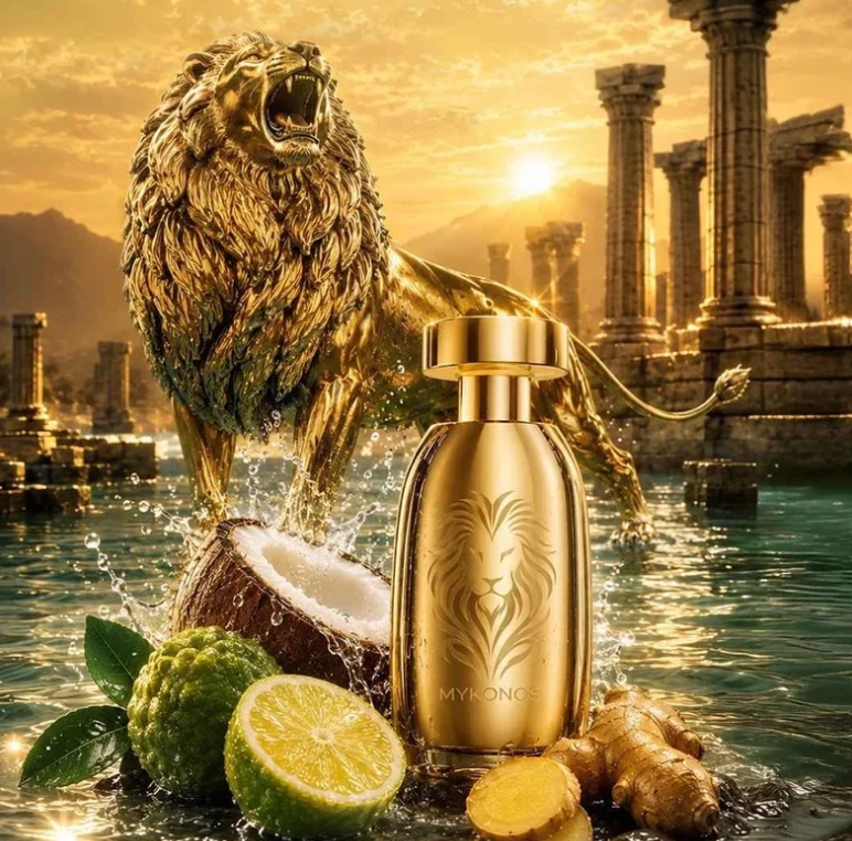 Gold perfume bottle with lion emblem beside lion sculpture and water splash