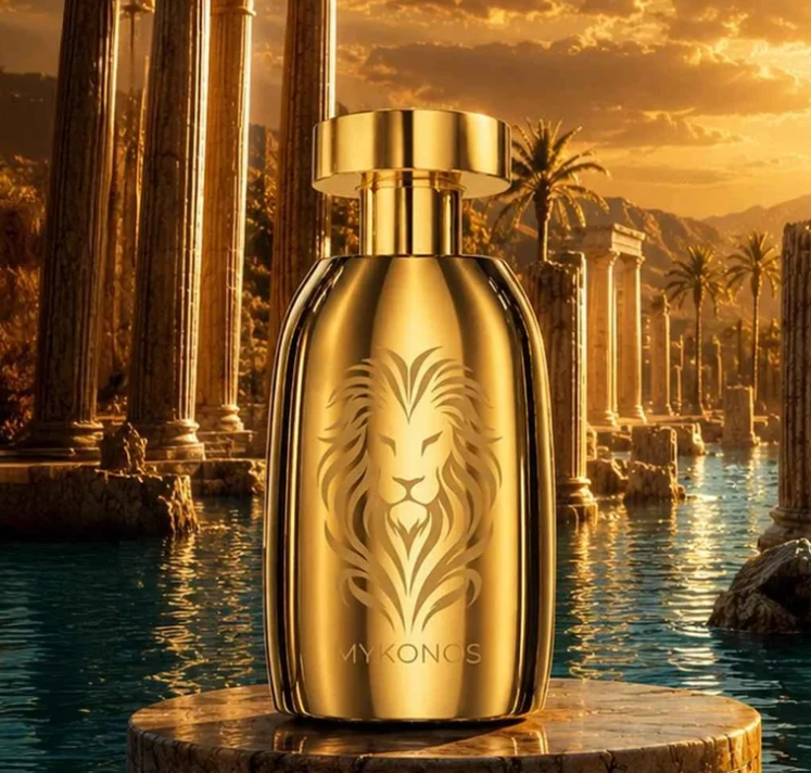 Gold perfume bottle with lion emblem, Mykonos Imperium, 100 ml