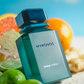 Teal perfume bottle with dark cap, 100 ml, MYKONOS logo and front label