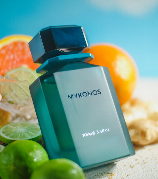 Teal perfume bottle with dark cap, 100 ml, MYKONOS logo and front label