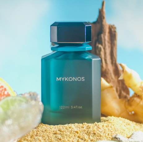 Teal perfume bottle with dark cap, 100 ml, MYKONOS logo on front
