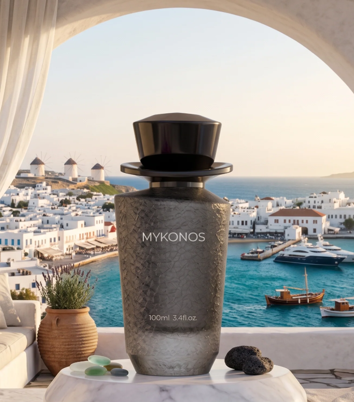 Mykonos eau de parfum bottle with textured gray body, 100 ml