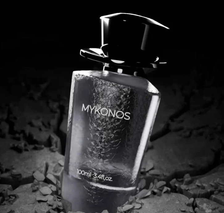 Mykonos eau de parfum bottle, 100 ml, black cap