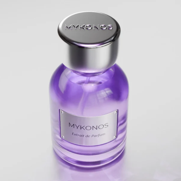 Mykonos Reflection Elixir extrait de parfum bottle with domed silver cap and purple glass