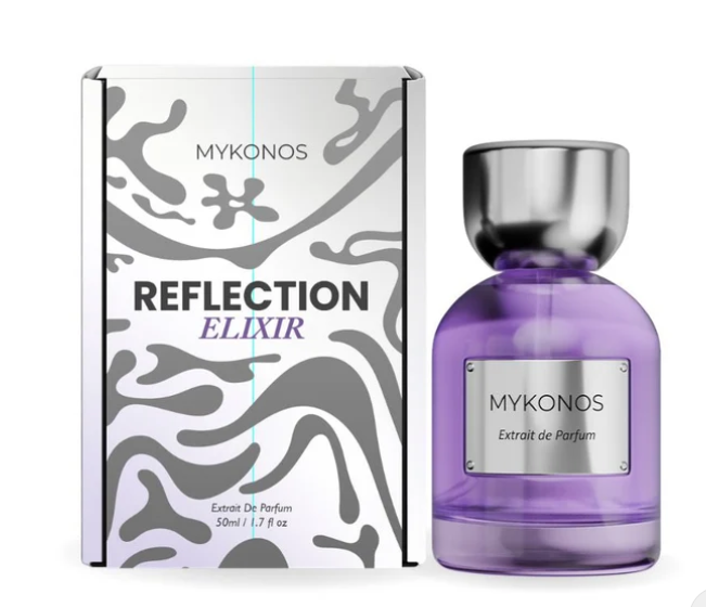 Mykonos Reflection Elixir 50 ml extrait de parfum bottle with patterned gift box
