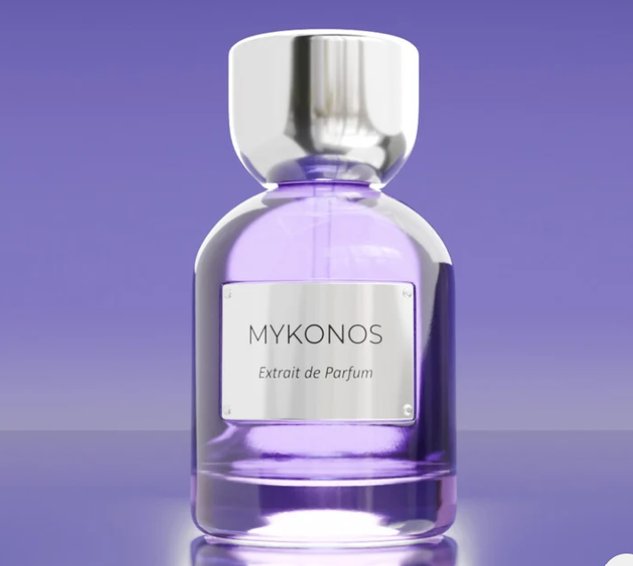 Mykonos Reflection Elixir extrait de parfum bottle with silver cap and purple glass